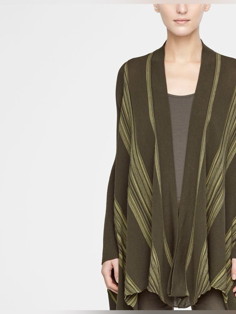 Sarah Pacini Olive Green Draped Open Cardigan with Striped Accents